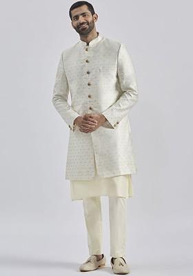 Cream Embroidered Poly Blend Indowestern Sherwani Set For Men