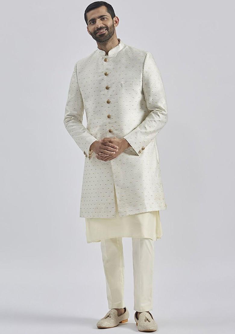 Cream Embroidered Poly Blend Indowestern Sherwani Set For Men