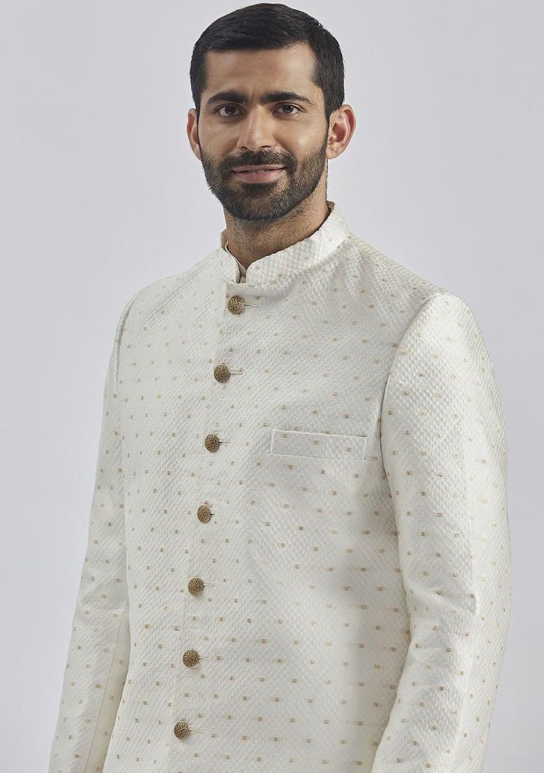 Cream Embroidered Poly Blend Indowestern Sherwani Set For Men