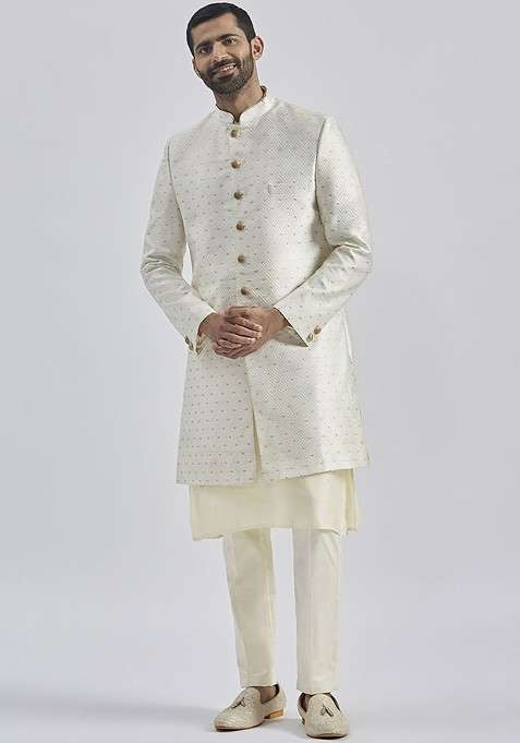 Cream Embroidered Poly Blend Indowestern Sherwani Set For Men