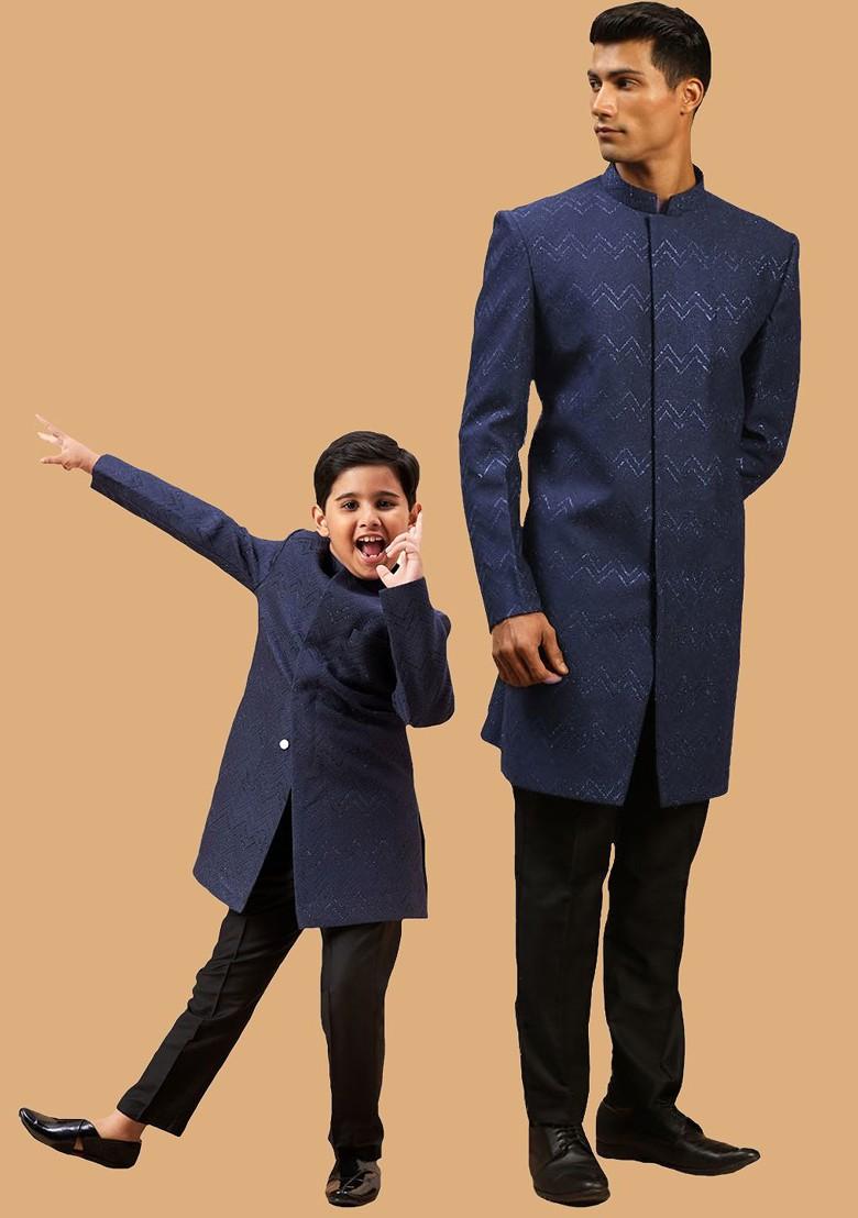 Navy Blue Printed Poly Blend Indowestern Sherwani Set For Men