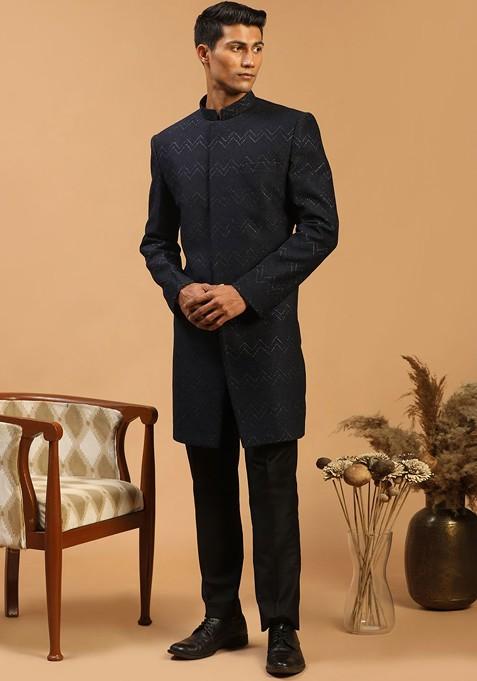Navy Blue Printed Poly Blend Indowestern Sherwani Set For Men