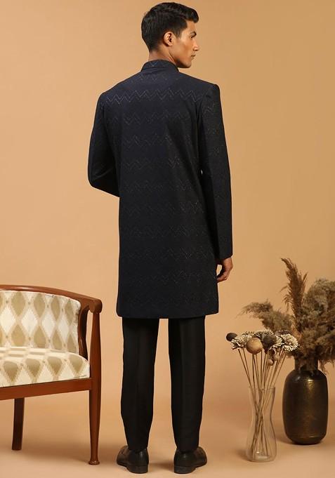 Navy Blue Printed Poly Blend Indowestern Sherwani Set For Men