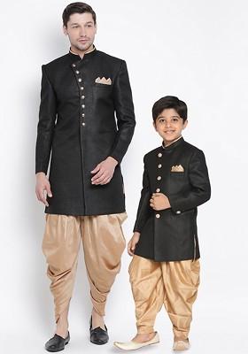 Black Solid Cotton Indowestern Sherwani Set For Men