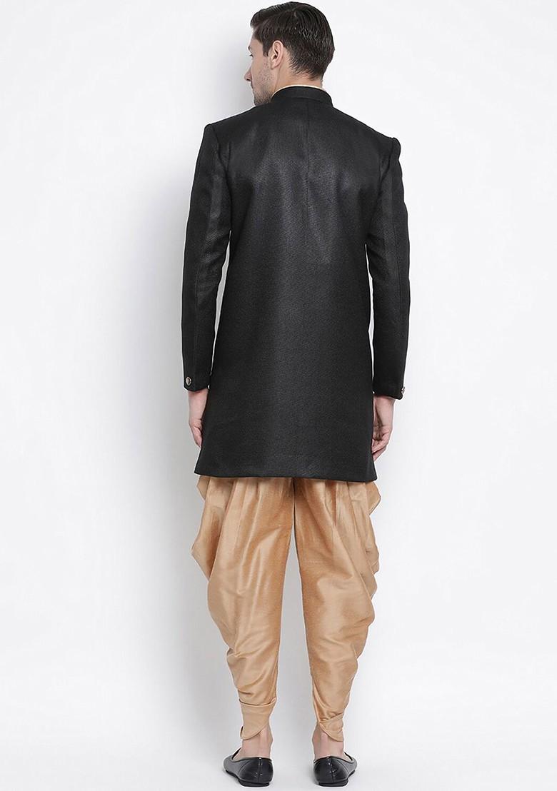 Black Solid Cotton Indowestern Sherwani Set For Men