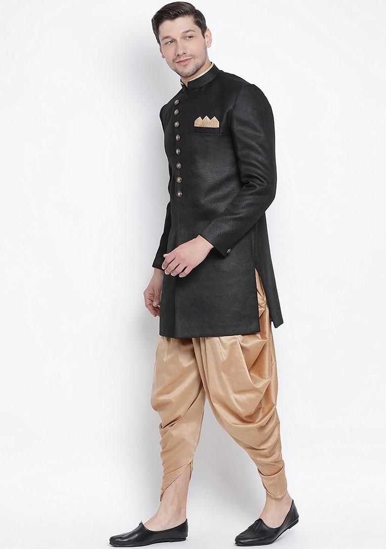 Black Solid Cotton Indowestern Sherwani Set For Men