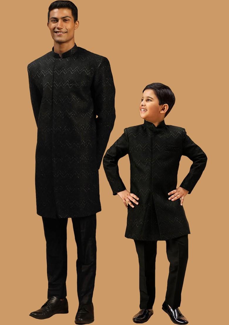 Black Printed Poly Blend Indowestern Sherwani Set For Men