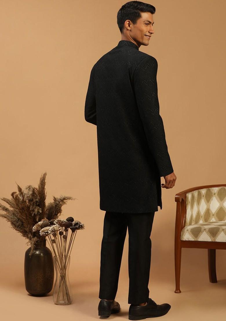 Black Printed Poly Blend Indowestern Sherwani Set For Men