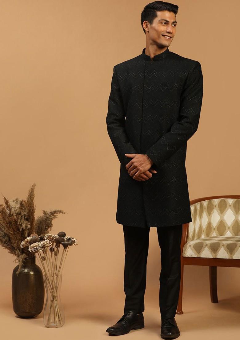 Black Printed Poly Blend Indowestern Sherwani Set For Men
