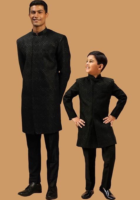 Black Printed Poly Blend Indowestern Sherwani Set For Men