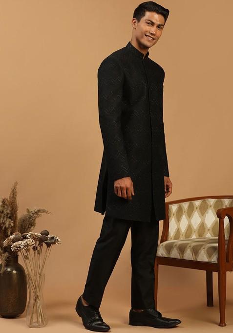 Black Printed Poly Blend Indowestern Sherwani Set For Men