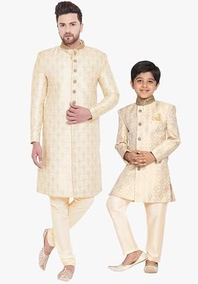 Beige Ethnic Motifs Poly Blend Indowestern Sherwani Set For Men
