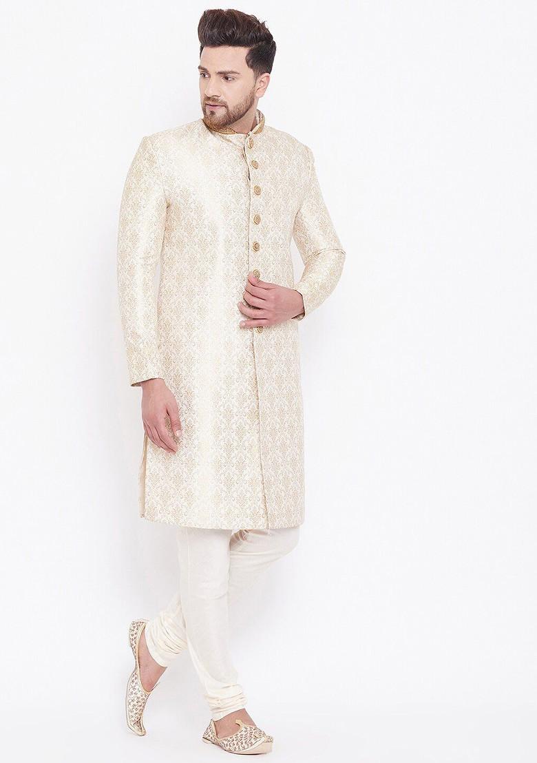Beige Ethnic Motifs Poly Blend Indowestern Sherwani Set For Men