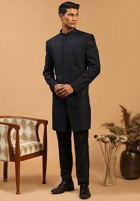 Black Solid Poly Blend Indowestern Sherwani Set For Men