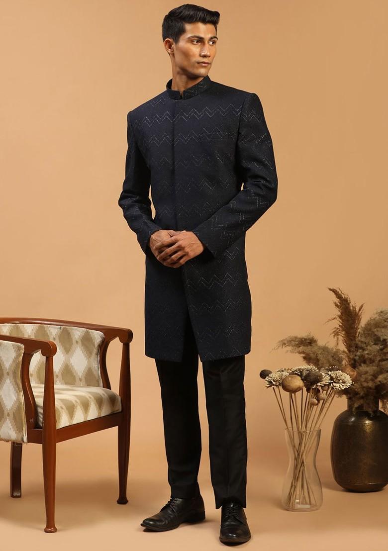 Black Solid Poly Blend Indowestern Sherwani Set For Men