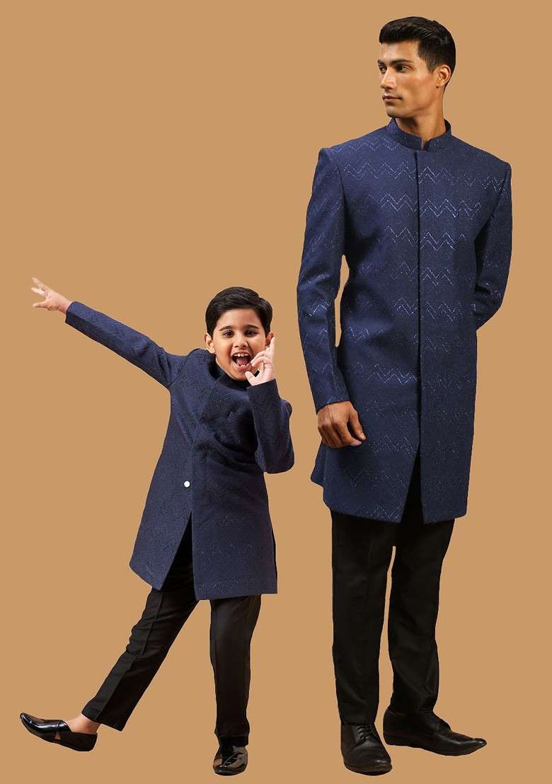 Black Solid Poly Blend Indowestern Sherwani Set For Men - Indya
