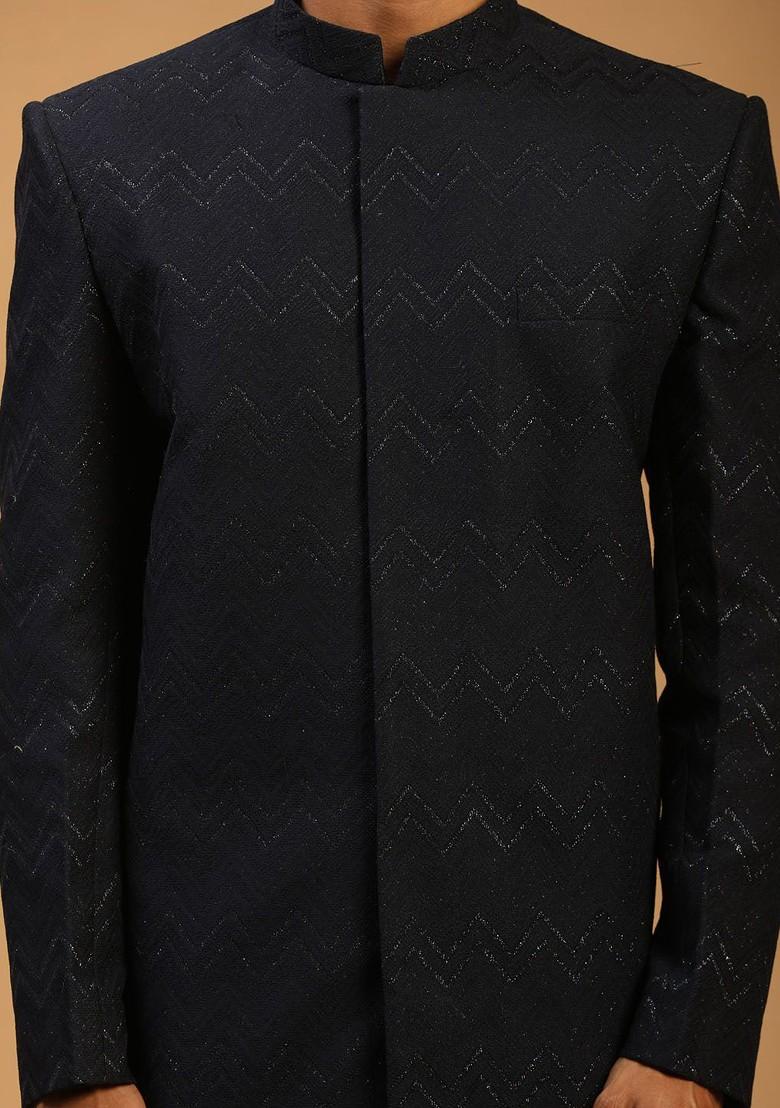 Black Solid Poly Blend Indowestern Sherwani Set For Men