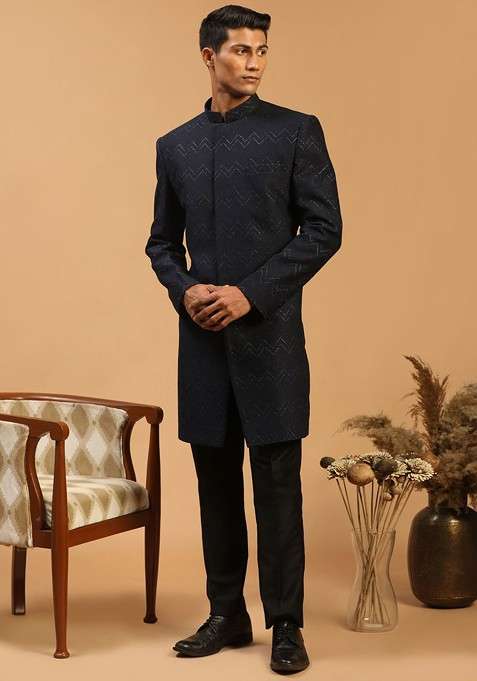 Black Solid Poly Blend Indowestern Sherwani Set For Men