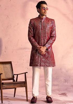Maroon Embellished Georgette Indowestern Sherwani Set For Men