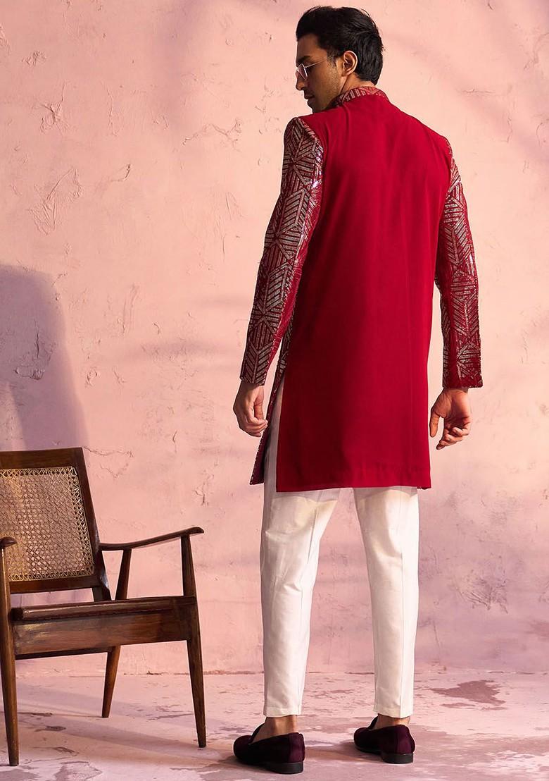 Maroon Embellished Georgette Indowestern Sherwani Set For Men