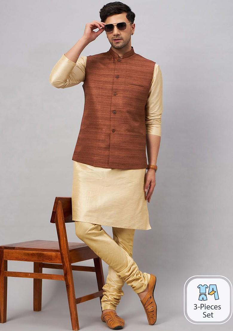 Gold Woven Poly Blend Kurta Set For Men