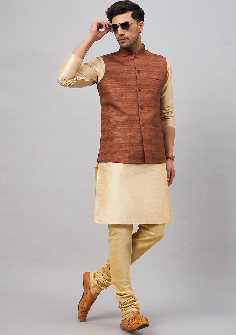 Gold Woven Poly Blend Kurta Set For Men