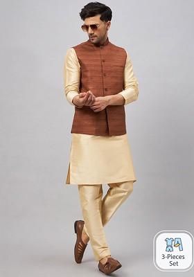 Gold Solid Poly Blend Kurta Set For Men