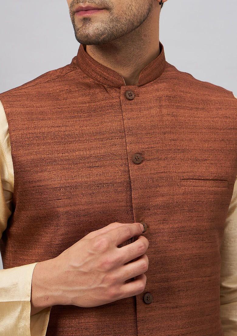 Gold Solid Poly Blend Kurta Set For Men