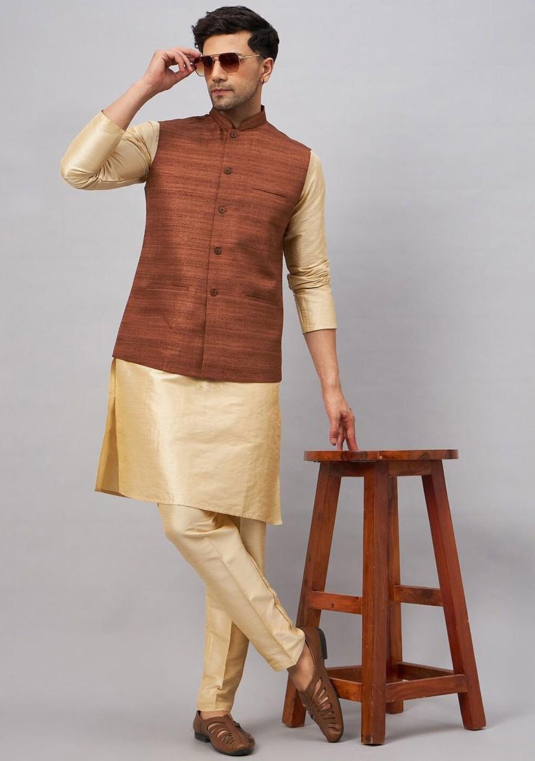 Gold Solid Poly Blend Kurta Set For Men