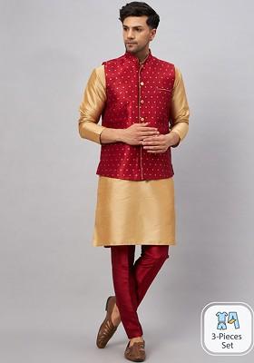 Maroon Solid Poly Blend Kurta Set For Men