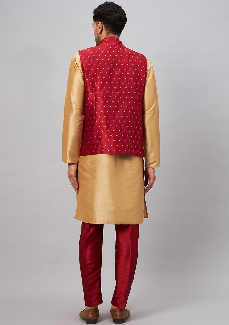 Maroon Solid Poly Blend Kurta Set For Men