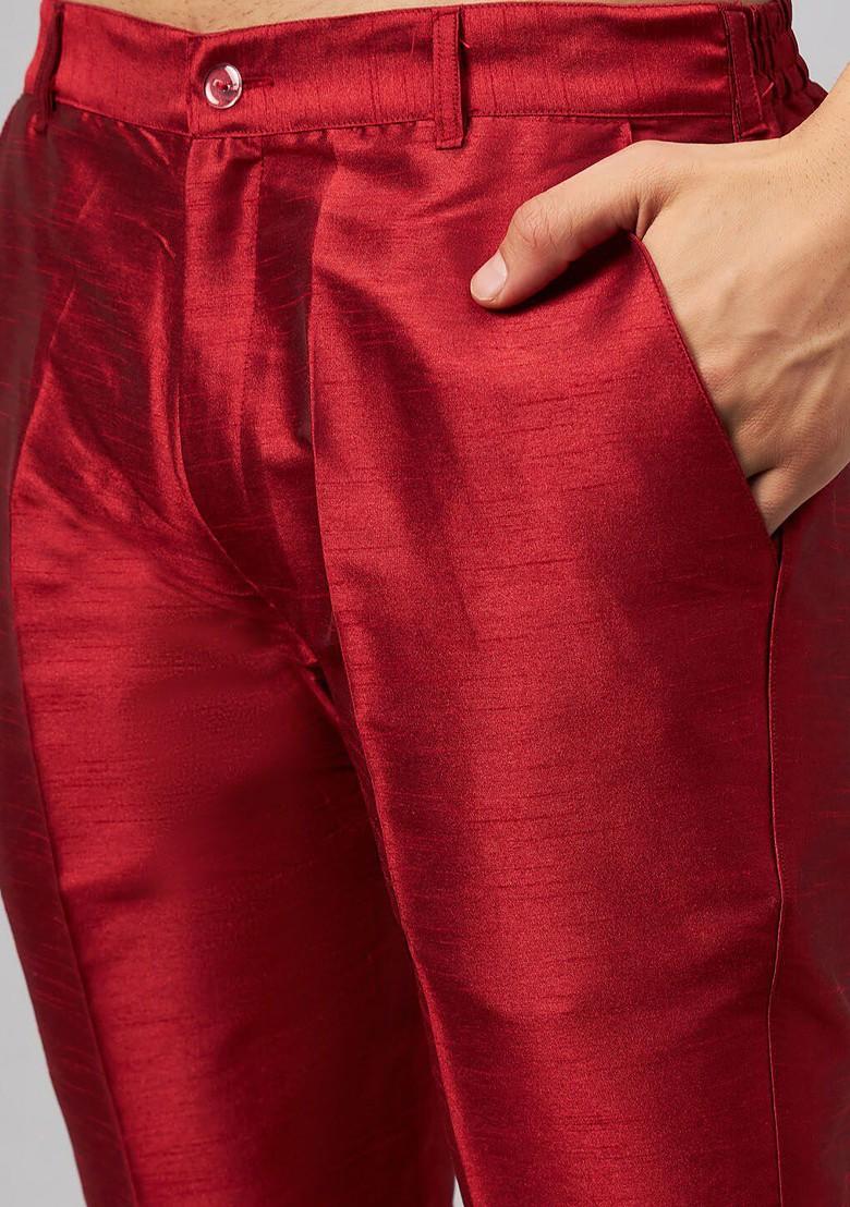 Maroon Solid Poly Blend Kurta Set For Men