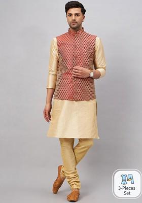 Gold Solid Poly Blend Kurta Set For Men