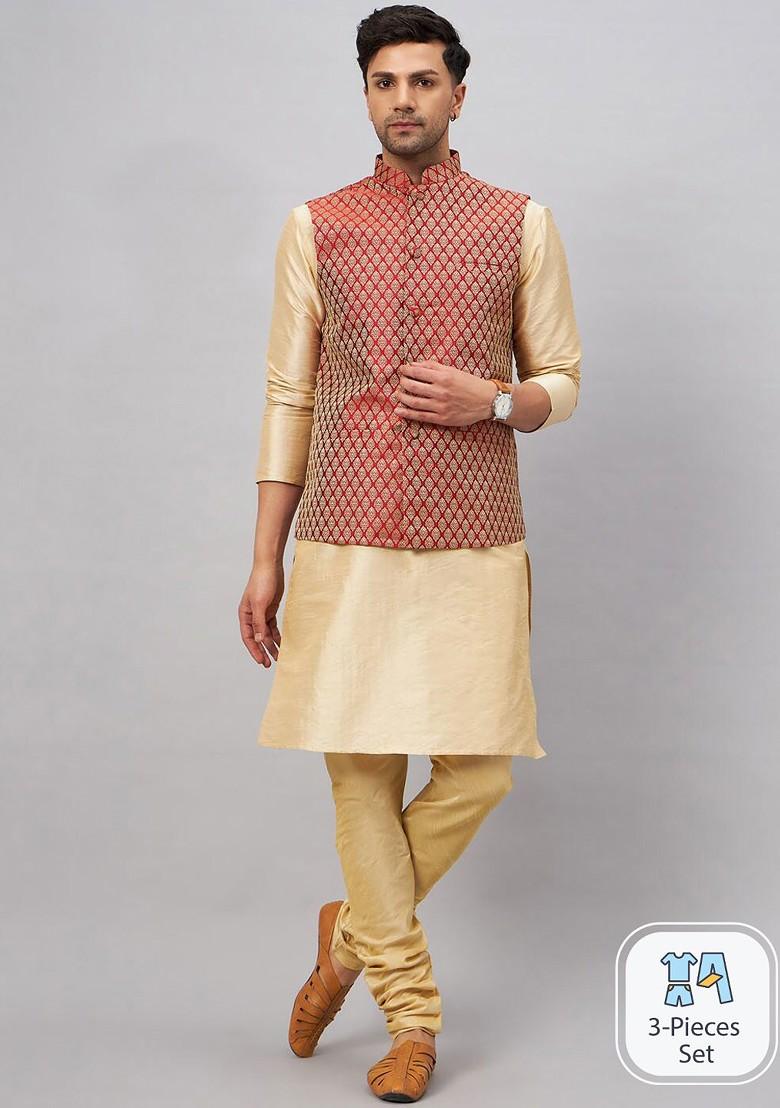 Gold Solid Poly Blend Kurta Set For Men