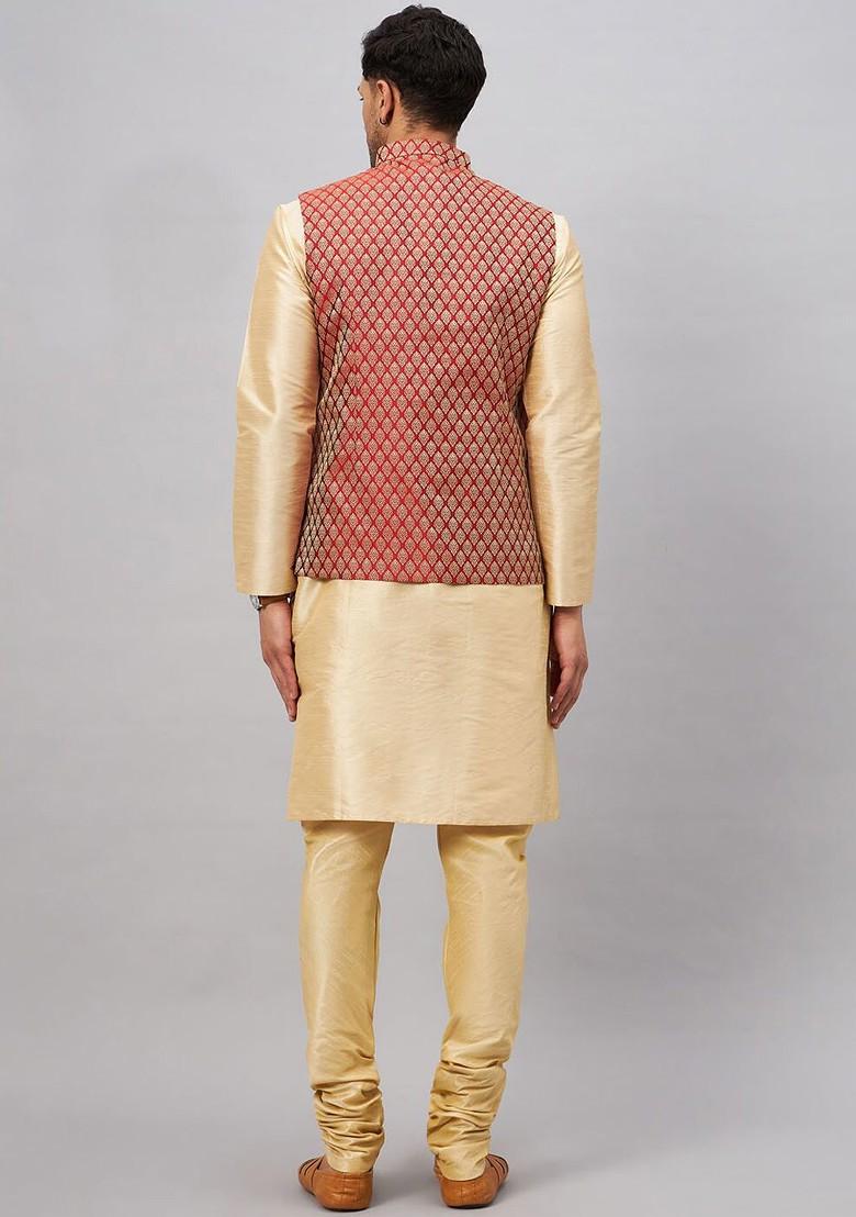Gold Solid Poly Blend Kurta Set For Men