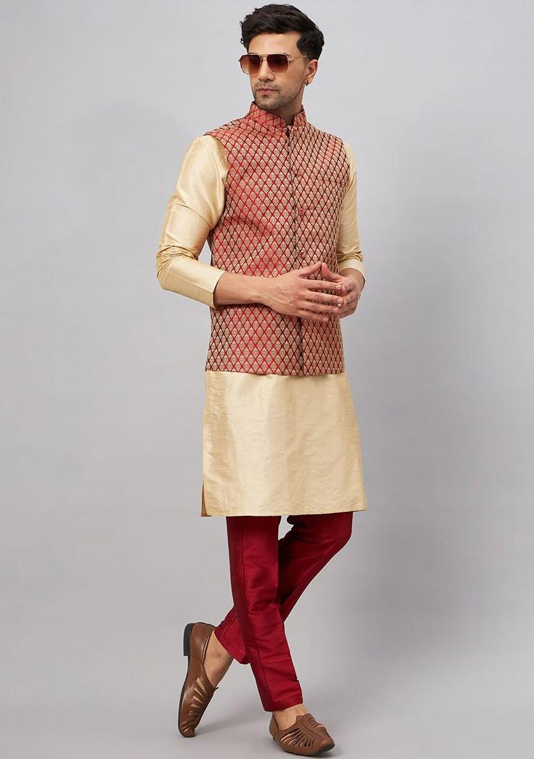 Gold Woven Poly Blend Kurta Set For Men