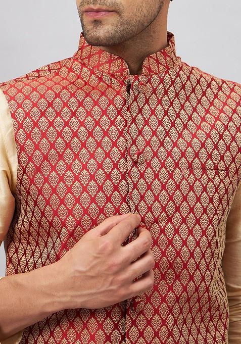 Gold Woven Poly Blend Kurta Set For Men