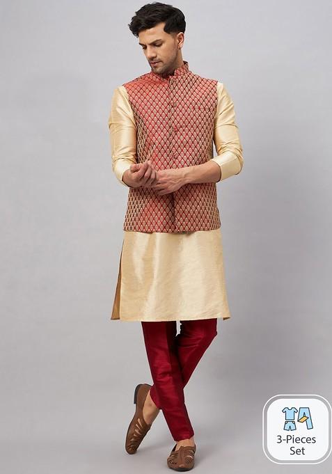 Gold Woven Poly Blend Kurta Set For Men