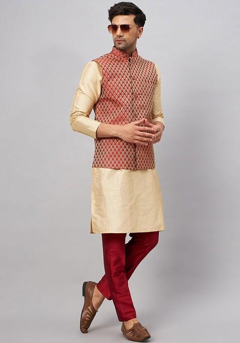 Gold Woven Poly Blend Kurta Set For Men