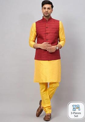 Yellow Solid Poly Blend Kurta Set For Men