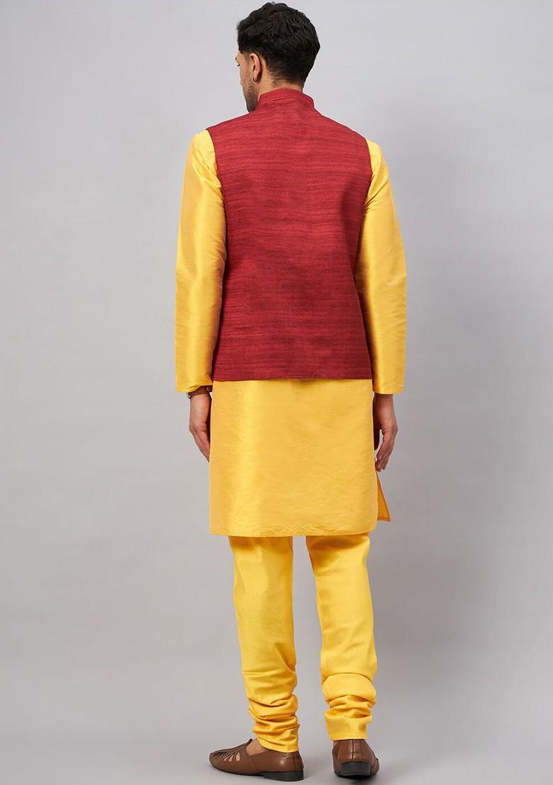 Yellow Solid Poly Blend Kurta Set For Men