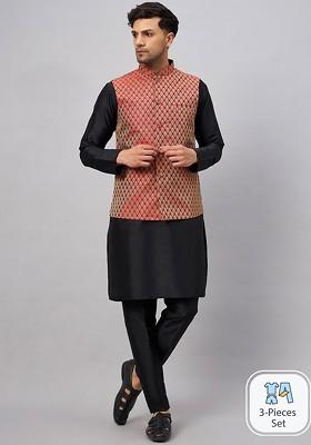 Black Solid Poly Blend Kurta Set For Men