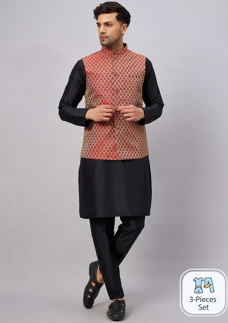 Black Solid Poly Blend Kurta Set For Men - Indya