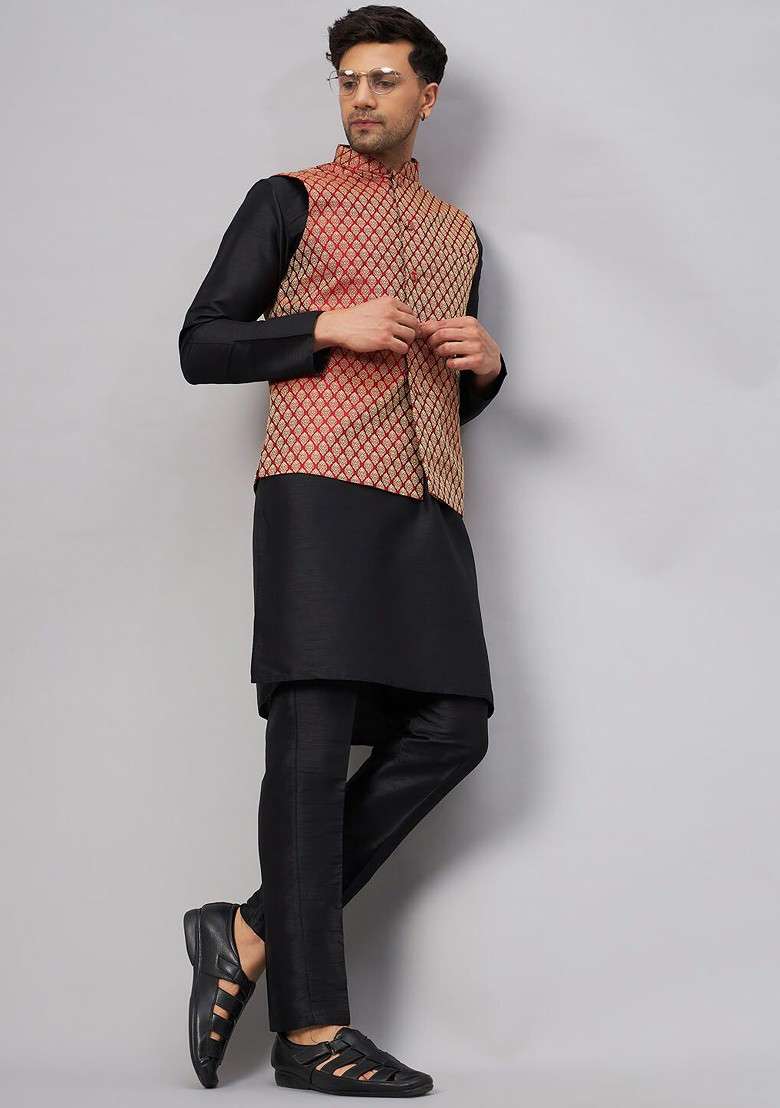 Black Solid Poly Blend Kurta Set For Men - Indya