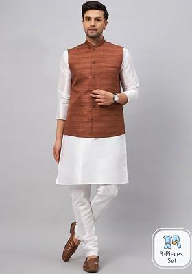 White Solid Poly Blend Kurta Set For Men