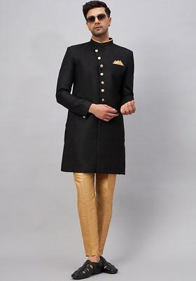 Black Solid Cotton Indowestern Sherwani Set For Men