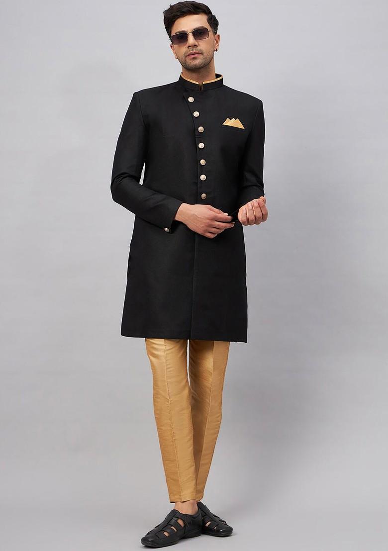 Black Solid Cotton Indowestern Sherwani Set For Men