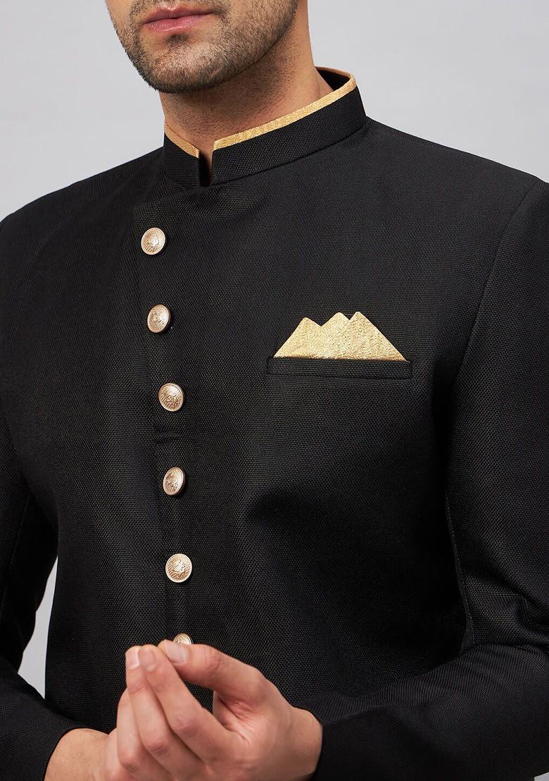 Black Solid Cotton Indowestern Sherwani Set For Men