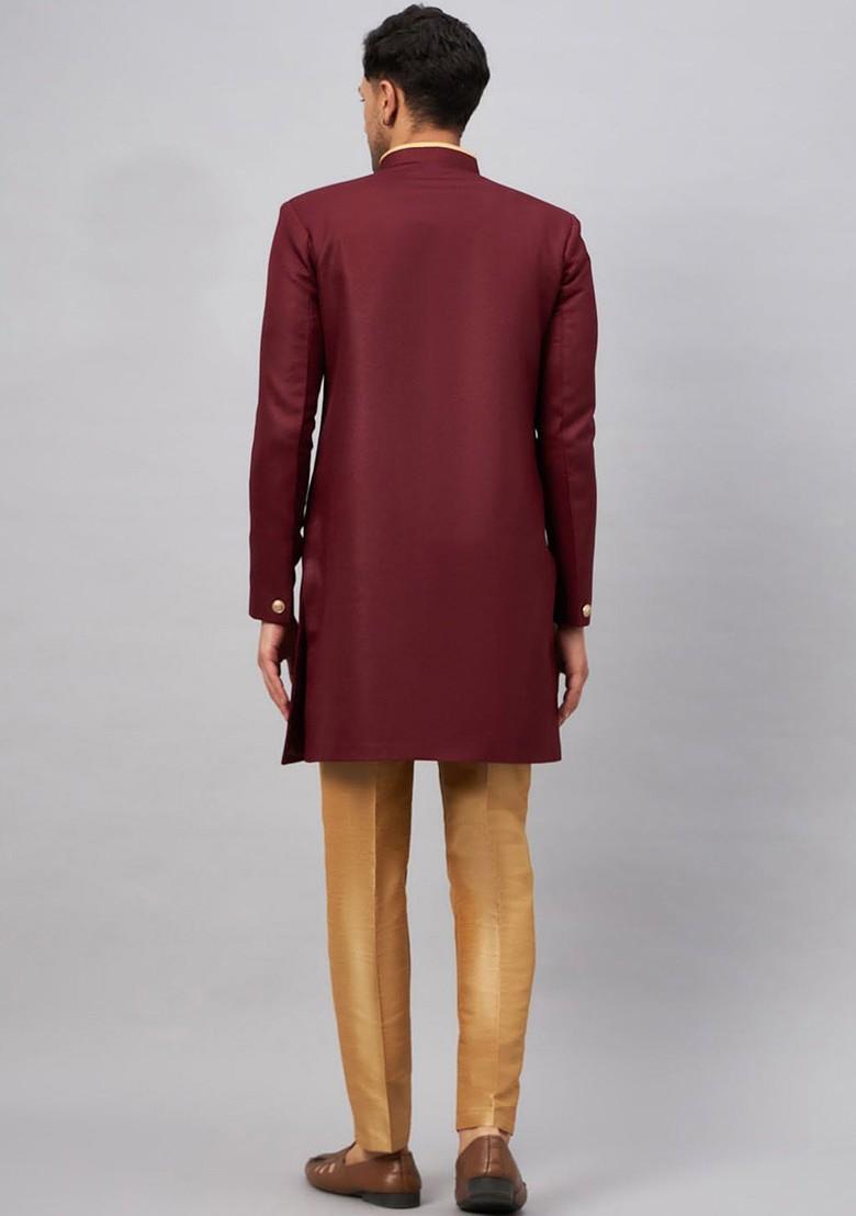 Maroon Solid Poly Blend Indowestern Sherwani Set For Men