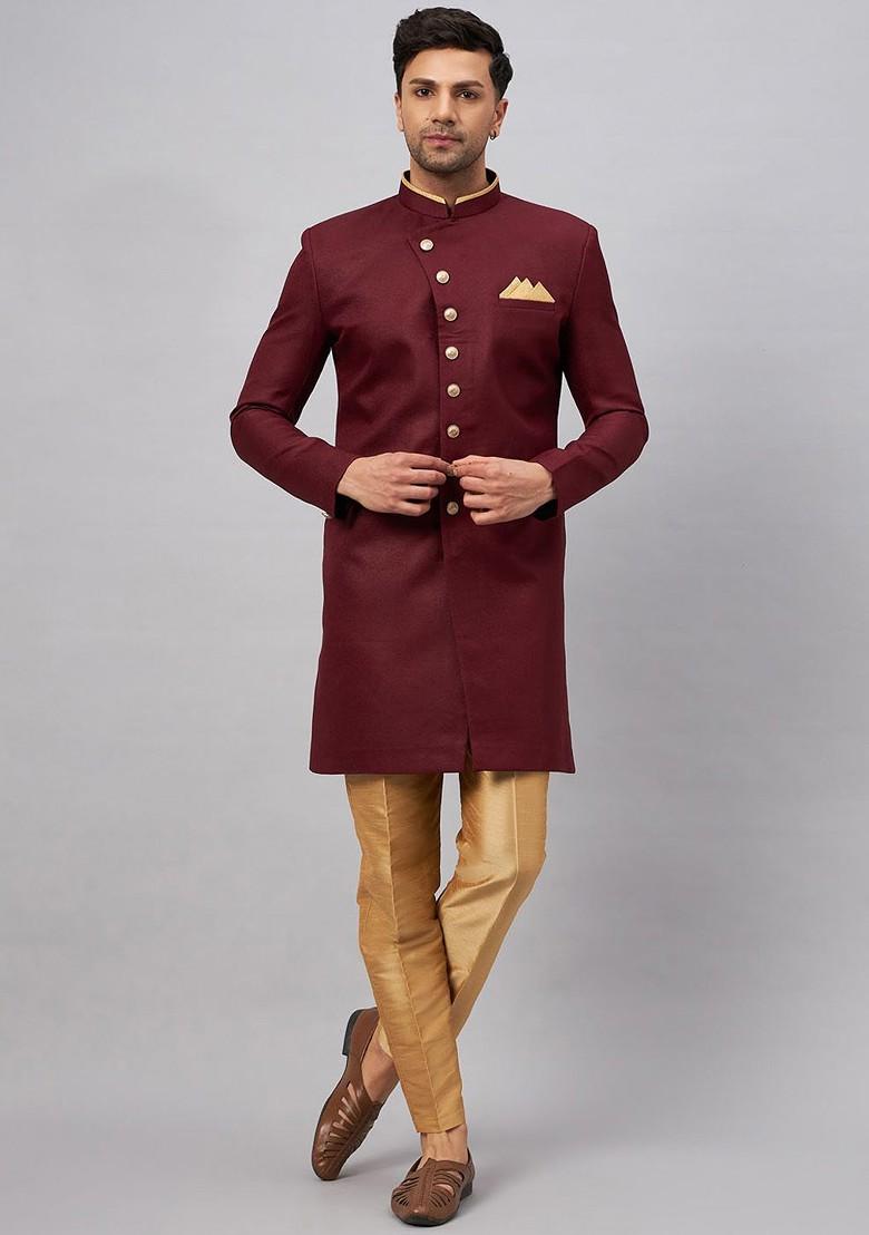 Maroon Solid Poly Blend Indowestern Sherwani Set For Men
